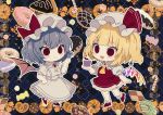  :d ascot bangs bat_wings black_background blonde_hair blue_background blue_hair blunt_bangs blush_stickers bow brooch candy candy_cane checkerboard_cookie checkered checkered_background cherry chibi commentary_request cookie crystal cupcake daimaou_ruaeru doughnut dress eyebrows_visible_through_hair fang flandre_scarlet food french_cruller frilled_shirt_collar frills fruit full_body hair_between_eyes hand_up hat hat_bow hat_ribbon high_heels holding holding_food jewelry laevatein macaron mob_cap multiple_girls one_side_up open_mouth outline petticoat pretzel puffy_short_sleeves puffy_sleeves red_bow red_eyes red_footwear red_ribbon red_skirt red_vest remilia_scarlet ribbon shoes short_sleeves siblings sisters skirt skirt_set slit_pupils smile standing standing_on_one_leg touhou vest white_dress white_hat white_outline wings yellow_neckwear 
