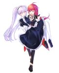  1girl absurdres add_(elsword) butler carrying elesis_(elsword) elsword eyebrows_visible_through_hair fang female_butler gloves highres maid one_eye_closed pantyhose princess_carry scared smile tears xes_(xes_5377) 