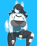  2018 anthro big_breasts black_hair blue_background blue_eyes blush blush_stickers breasts canine cleavage clothed clothing dog ear_piercing female fully_clothed hair hair_over_eye hi_res maggie_applebee mammal piercing simple_background smile solo theycallhimcake 