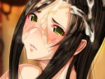  1girl amamiya_(abaros) black_hair blurry blurry_background blush cum cum_on_hair embarrassed facial full-face_blush green_eyes head_only highres idolmaster idolmaster_cinderella_girls lips long_hair looking_at_viewer masao mukai_takumi nose parted_lips saberfish simple_background solo upper_body 