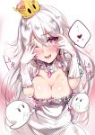 1girl blush boo breasts cleavage covering_eyes crown dress elbow_gloves eyebrows_visible_through_hair frilled_gloves frills ghost gloves hair_between_eyes heart heart-shaped_pupils highres large_breasts long_hair looking_at_viewer luigi's_mansion mario_(series) murabito_c new_super_mario_bros._u_deluxe one_eye_closed open_mouth parted_lips peeking_through_fingers princess_king_boo puffy_short_sleeves puffy_sleeves red_eyes sharp_teeth short_sleeves smile solo speech_bubble spoken_ellipsis spoken_heart super_crown super_mario_bros. symbol-shaped_pupils teeth thinking upper_body white_dress white_gloves white_hair 