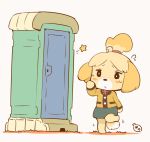  animal_crossing bell black_eyes blonde_hair blush blush_stickers canine clothing compression_artifacts dog door female full_body fur hair hanomidori isabelle_(animal_crossing) jacket jingle_bell mammal nintendo omorashi outhouse outside ribbons shih_tzu short_hair simple_background skirt solo standing standing_on_one_leg star sweat tied_hair toilet topknot video_games yellow_fur 