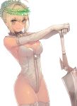  aestus_estus ahoge bare_shoulders blonde_hair breasts cleavage closed_mouth elbow_gloves eyebrows_visible_through_hair fate/extra fate/extra_ccc fate_(series) full-length_zipper gloves green_eyes holding holding_sword holding_weapon laurel_crown leotard lock looking_at_viewer medium_breasts nero_claudius_(bride)_(fate) nero_claudius_(fate)_(all) padlock padlocked_collar revision short_hair simple_background smile solo sparkle standing strapless strapless_leotard sungwon sword thighhighs thighs weapon white_background white_gloves white_legwear white_leotard zipper 