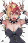  absurdres arm_tattoo armlet armpits arms_up artist_logo asymmetrical_eyebrows asymmetrical_hair bare_shoulders black_nails blonde_hair blue_eyes bowsette bracelet breasts brooch cleavage collar collarbone commentary corset cross_eyed crown demong3 ear_piercing earrings eyebrows_visible_through_hair facepaint fangs finger_tattoo fingernails flipped_hair grabbing half-closed_eye hand_tattoo highres horn_grab horns index_finger_raised jewelry lace lips long_hair looking_at_viewer mario_(series) multicolored_hair nail_polish new_super_mario_bros._u_deluxe open_mouth piercing pointy_ears punk red_hair shoulder_tattoo sidelocks smile solo spiked_armlet spiked_bracelet spiked_collar spiked_shell spikes super_crown tattoo tongue tongue_out tsurime turtle_shell upper_body 