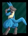  ambiguous_gender anthro featureless_face lucario nintendo pok&eacute;mon pok&eacute;mon_(species) rear_view rubber simple_background tallara_(artist) video_games zentai 