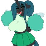  2018 animated anthro big_breasts breasts changeling cheerleader clothed clothing fangs female friendship_is_magic green_eyes hair half-closed_eyes horn looking_at_viewer low_res midriff my_little_pony navel pom_poms queen_chrysalis_(mlp) simple_background skirt solo tolsticot tongue tongue_out white_background wings 