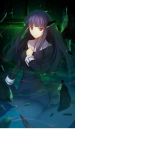  asagami_fujino bangs blunt_bangs breasts closed_mouth commentary dress fate/grand_order fate_(series) hand_on_own_chest high_collar indoors kara_no_kyoukai long_hair long_sleeves looking_at_viewer medium_breasts official_art purple_hair red_eyes rubble school_uniform shiojima_yuka solo standing 