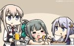  alcohol apron beer beer_mug black_gloves black_serafuku blonde_hair blue_shirt bow closed_eyes commentary_request crescent crescent_hair_ornament dated feeding gloves graf_zeppelin_(kantai_collection) green_bow grey_eyes grey_hair hair_between_eyes hair_bow hair_ornament hamu_koutarou hat highres kantai_collection military military_uniform multiple_girls peaked_cap ponytail purple_hair red_neckwear school_uniform serafuku shirt short_hair short_hair_with_long_locks sidelocks tsurime twintails undershirt uniform upper_body white_shirt yayoi_(kantai_collection) yuubari_(kantai_collection) 