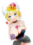  1girl bare_shoulders between_breasts blonde_hair blue_eyes blush bowsette breasts censored collar crown darah drooling dutch_angle eyebrows_visible_through_hair fangs horns large_breasts looking_at_viewer mario_(series) mushroom nintendo nipple_censor no_bra one_breast_out open_mouth ponytail short_hair simple_background solo standing strapless super_crown white_background 