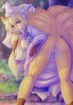 absurd_res alternate_species anthro anus bent_over big_tail blonde_hair breasts butt canine clothed clothing dimwitdog dipstick_ears dipstick_tail dress eyelashes female fluffy fluffy_tail fox fur hair hat hi_res long_tail looking_at_viewer mammal multi_tail multicolored_fur multicolored_tail nipples one_eye_closed open_mouth open_smile orange_fur outside pink_tongue presenting presenting_hindquarters pussy pussy_juice ran_yakumo rear_view smile solo three_tone_fur tongue tongue_out touhou upskirt white_fur yellow_eyes 