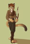  4_toes 5_fingers anthro apprehensive arrow bow_(weapon) breasts casparr clothed clothing cougar digital_media_(artwork) digitigrade dusty_(baldrek) eyebrows eyelashes facial_markings feline female fully_clothed fur hair hi_res holding_object holding_weapon humanoid_hands mammal markings pawpads paws ranged_weapon simple_background solo toes weapon 