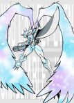  absurdres angel_wings arm_blade arm_cannon armor blue_eyes cape commentary digimon digimon_adventure digimon_adventure_tri. glowing helmet highres horns katana no_humans omegamon omegamon_merciful_mode spikes sword translation_request weapon white_wings wings 