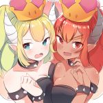  armlet asymmetrical_docking bare_shoulders blonde_hair blue_eyes blush bowsette bracelet breast_press breasts cleavage collar coolisushi crown dark_skin dual_persona eyebrows eyebrows_visible_through_hair fang highres horns jewelry looking_at_viewer mario_(series) medium_breasts multiple_girls new_super_mario_bros._u_deluxe open_mouth pointy_ears ponytail red_eyes red_hair simple_background sketch smile spiked_armlet spiked_bracelet spiked_collar spikes super_crown upper_body white_background 