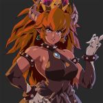  anger_vein armpits bare_shoulders black_dress blonde_hair blue_eyes bowsette bracelet breasts collar collarbone commentary covered_navel david_liu dress earrings elbow_gloves english_commentary expressive_clothes eyebrows_visible_through_hair fang gloves hand_on_hip horns jewelry large_breasts lips long_hair mario_(series) new_super_mario_bros._u_deluxe parted_lips pointing pointy_ears sideboob sleeveless sleeveless_dress solo spiked_armlet spiked_bracelet spiked_collar spiked_knuckles spikes super_crown thick_eyebrows toned upper_body 