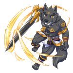  2018 abs anthro biceps black_fur canine clothing digital_media_(artwork) fur hair hi_res male mammal melee_weapon muscular muscular_male pecs sword tattoo triceps weapon weedwolf wolf 