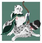  2018 4_toes 5_fingers archer areola barefoot bow bow_(weapon) breasts digital_media_(artwork) feline female fur green_background green_eyes grey_fur hair holding_object holding_weapon inkrend kneeling leopard mammal nipples ranged_weapon simple_background smile solo spots spotted_fur toes weapon whiskers white_hair 