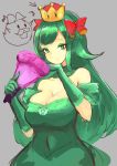  1girl absurdres artist_request boo bow breasts cleavage dress fan gloves green_dress green_eyes green_hair hair_bow highres jewelry long_hair mario_(series) new_super_mario_bros._u_deluxe paper_mario resaresa sebastian_(paper_mario) smile super_crown super_mario_bros. 