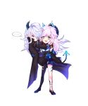  1boy 1girl carrying ciel_(elsword) clawed_gauntlets crown demon_girl demon_horns demon_tail demonio_(elsword) diabla_(elsword) earrings elsword fang highres horns jewelry luciela_r._sourcream pointy_ears princess_carry smile star star-shaped_pupils symbol-shaped_pupils tail tattoo white_hair xes_(xes_5377) 