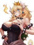  armlet armpits bare_shoulders black_dress blonde_hair blue_eyes blush bowsette bracelet breast_grab breasts cleavage collar covered_navel crown deep_skin dress earrings eyebrows_visible_through_hair face_of_the_people_who_sank_all_their_money_into_the_fx fire gem grabbing grabbing_own_breast grin hair_between_eyes hand_on_hip highres horns jewelry kengzeta large_breasts looking_at_another looking_at_viewer mario_(series) multiple_girls new_super_mario_bros._u_deluxe parody pink_dress pointy_ears ponytail princess_peach self_fondle sharp_teeth smile spiked_bracelet spiked_collar spiked_shell spikes strapless strapless_dress style_parody super_crown sweatdrop teeth turtle_shell 