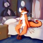  anthro bed bedroom bedroom_eyes blush canine clitoris clock detailed_background female fox grabbing_sheets half-closed_eyes hotel lionshrooms machine mammal navel nude pussy robot seductive 
