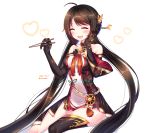  ara_han bare_shoulders blush chopsticks closed_eyes collarbone detached_sleeves elbow_gloves elsword eyebrows_visible_through_hair gloves hair_ornament hairpin heart highres long_hair sitting smile xes_(xes_5377) yama_raja_(elsword) 