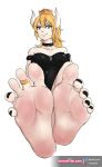  artist_name bare_shoulders barefoot black_collar black_dress black_nails blonde_hair blue_eyes body_blush bowsette breasts closed_mouth collar collarbone crown dress eyebrows_visible_through_hair eyelashes fang fang_out feet forked_eyebrows full_body highres horns large_breasts long_hair looking_at_viewer mario_(series) nail_polish new_super_mario_bros._u_deluxe patreon_username pointy_ears ponytail pov_feet seishinashi simple_background smile soles solo spiked_armlet spiked_collar spikes strapless strapless_dress super_crown thick_eyebrows toe_scrunch toenail_polish toes twitter_username watermark white_background wrinkled_skin 