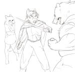  bear black_eye blood canine cape car clothed clothing crying eyebrows female fight fully_clothed hair holding_object holding_weapon jailbird katja_(baldrek) long_hair mammal melee_weapon monochrome sketch sword tagme tears vehicle weapon wolf 