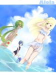  arms_behind_back bikini blonde_hair blue_eyes blue_hair blue_sky braid closed_mouth cloud commentary crown_braid dark_skin day from_side gen_7_pokemon goggles goggles_on_head green_eyes green_hair hair_ornament highres lillie_(pokemon) long_hair looking_to_the_side mao_(pokemon) multiple_girls myuuu_ay one-piece_swimsuit open_mouth outdoors pokemon pokemon_(anime) pokemon_(creature) pokemon_sm_(anime) popplio see-through short_hair sky standing suiren_(pokemon) swimsuit trial_captain twintails wading water 