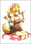  bafang_san_mu_de blonde_hair blue_eyes bowsette bracelet breasts breathing_fire cleavage collar crown dress fire food highres horns jewelry kebab large_breasts lizard_tail mario_(series) new_super_mario_bros._u_deluxe pointy_ears spiked_bracelet spiked_collar spiked_shell spiked_tail spikes super_crown tail 