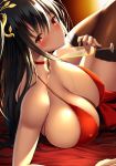  alcohol azur_lane bangs bare_shoulders black_hair blush breasts champagne champagne_flute choker cleavage cocktail_dress collarbone commentary_request covered_nipples cup dress drinking_glass eyebrows_visible_through_hair hair_between_eyes hair_ornament huge_breasts lace lace-trimmed_thighhighs long_hair looking_at_viewer lying on_side parted_lips pouring red_choker red_dress red_eyes sideboob solo taihou_(azur_lane) thighhighs wine_glass zukky 