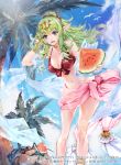  animal bangs bare_shoulders bikini bird blue_sky breasts chiki cleavage cloud collar commentary_request company_connection copyright_name day eyebrows_visible_through_hair fire_emblem fire_emblem:_kakusei fire_emblem:_monshou_no_nazo fire_emblem_cipher fire_emblem_heroes food fruit green_eyes green_hair holding itou_misei jewelry light_particles long_hair looking_at_viewer mamkute medium_breasts navel official_art open_mouth outdoors palm_leaf palm_tree pointy_ears sky smile solo sparkle swimsuit tiara tree 