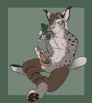  4_toes anthro biped casparr chest_tuft claws clothed clothing digitigrade feline flower fur herbs looking_down lynx male mammal object_in_mouth pawpads paws plant redisius_(baldrek) simple_background solo spots spotted_fur teeth toe_claws toes topless tuft 