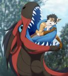  absurd_res ambiguous_gender ambiguous_pred anthro black_hair blue_eyes body_in_mouth canine dragon duo feral gaping_mouth hair hi_res horn keltre_(character) looking_back male male_prey mammal neck_bulge open_mouth oral_vore saliva sharp_teeth struggling teeth tongue_wrap tree vore vorelord vorelord_(character) wolf 