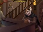  5_fingers alcohol anthro axe battle_axe beer beverage biped canine cup eye_patch eyewear feline female fire fur hair holding_mug humanoid_hands inside jailbird katja_(baldrek) long_hair lynx male mammal melee_weapon public redisius_(baldrek) stairs tavern torch weapon whiskers wolf 