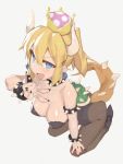  :p arched_back blonde_hair blue_eyes bowsette bracelet breasts brown_legwear cleavage collar commentary_request crown earrings fangs from_above full_body grey_background hair_between_eyes hand_on_own_knee high_heels horns jewelry kneeling kylin large_breasts leaning_forward leotard mario_(series) medium_hair nail_polish new_super_mario_bros._u_deluxe pantyhose ponytail shell sidelocks simple_background solo spiked_armlet spiked_bracelet spiked_collar spikes super_crown tail tongue tongue_out v 