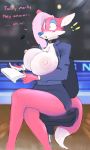  ! anthro big_breasts blush breasts canine chasm-006 choker clothed clothing collar denisse exposed_breasts female fox hair huge_breasts invalid_tag makeup mammal mascara nipples paper pink_hair sitting skirt solo surprise text wardrobe_malfunction wide_hips 