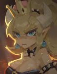  1girl artist_request blonde_hair blush bowsette breasts cleavage collar crown earrings fang horns jewelry large_breasts long_hair mario_(series) new_super_mario_bros._u_deluxe nintendo pointy_ears ponytail sketch spiked_armlet spiked_collar spikes super_crown 