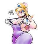  blonde_hair breasts cleavage commentary crown fat genderswap gloves grin hat highres jon-bliss large_breasts long_hair mario_(series) new_super_mario_bros._u_deluxe overalls parted_lips signature simple_background sketch smile solo super_crown wario white_background wide_hips 