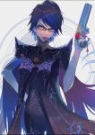  1girl bayonetta bayonetta_(character) bayonetta_2 blue_eyes earrings frills glasses gun jewelry lipstick makeup mole mole_under_mouth short_hair weapon 