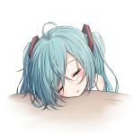  ahoge akira_(been0328) bare_shoulders blue_hair blush closed_eyes face facing_viewer hair_ornament hatsune_miku head_rest long_hair parted_lips shirt simple_background sleeping sleeveless sleeveless_shirt solo table twintails vocaloid white_background white_shirt 