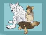  4_toes 5_fingers ambiguous_gender anthro arctic_wolf biped black_nose canine casparr claws clothed clothing digitigrade duo female fully_clothed fur hair humanoid_hands katja_(baldrek) long_hair mammal mane nude paws simple_background sitting toe_claws toes white_fur wolf 