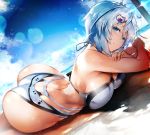  alternate_costume antenna_hair ass bangs bare_shoulders beach bikini blue_eyes blue_sky blush breasts butt_crack cloud commentary_request crossed_arms curvy day dennou_shoujo_youtuber_shiro eyebrows_visible_through_hair hair_between_eyes hair_ornament highres large_breasts light_smile looking_at_viewer lying nishiide_kengorou ocean on_stomach outdoors sand shiro_(dennou_shoujo_youtuber_shiro) short_hair sidelocks silver_hair sky smile solo sunlight swimsuit virtual_youtuber 