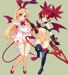  2girls :o arm_belt bangs bare_shoulders belt_buckle black_belt black_footwear black_gloves black_legwear blonde_hair blush boots bottomless bow breasts buckle crossed_arms demon_girl demon_tail demon_wings disgaea dress earrings edit elbow_gloves etna eyebrows_visible_through_hair flonne flonne_(fallen_angel) gloves green_background hair_between_eyes hair_ribbon hairband head_tilt holding holding_spear holding_weapon jewelry long_hair long_sleeves makai_senki_disgaea multiple_girls navel nipples open_clothes open_dress open_mouth parted_lips pointy_ears polearm pussy red_bow red_eyes red_footwear red_hair red_hairband red_legwear red_ribbon red_wings ribbon shoes simple_background skull_earrings small_breasts spear standing standing_on_one_leg tail thigh_boots thighhighs thighhighs_under_boots tsuderou v-shaped_eyebrows very_long_hair wavy_mouth weapon white_bow white_dress wings 