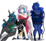  anthro breasts changeling cleavage clothed clothing crossed_legs danmakuman dialogue equine fan_character feet female friendship_is_magic group horn japanese_clothing kimono male mammal my_little_pony panties princess_celestia_(mlp) princess_luna_(mlp) queen_chrysalis_(mlp) underwear whip winged_unicorn wings 