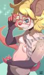  2019 anthro bedroom_eyes blonde_hair blue_eyes breasts clothed clothing crop_top dickgirl didelphid erection eyewear foreshortening freckles glasses grin hair half-closed_eyes intersex invalid_tag lazysnout looking_at_viewer mammal marsupial masturbation messy_hair mostly_nude penile_masturbation penis pink_tail raised_shirt rubbing seductive sharp_teeth shirt short_penis simple_background small_breasts small_penis smile solo tank_top teeth virginia_opossum 