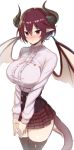  1girl absurdres black_legwear blush breasts center_frills commentary_request dragon_girl dragon_horns dragon_tail dragon_wings frills granblue_fantasy grea_(shingeki_no_bahamut) greatmosu hair_between_eyes highres horns large_breasts long_sleeves looking_at_viewer manaria_friends miniskirt pointy_ears purple_hair red_eyes shingeki_no_bahamut shirt short_hair simple_background skirt solo tail thighhighs v_arms white_background white_shirt wings 