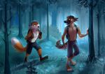  anthro backpack canine clothed clothing detailed_background duo forest fox grass hiking male mammal multyashka-sweet night smile tree 