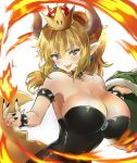  armlet armpits bangs bare_shoulders black_collar black_leotard black_nails blonde_hair blue_earrings blue_eyes blush bowsette bracelet breasts brooch brown_horns cleavage collar collarbone crown dress earrings eyebrows_visible_through_hair fang fingernails fire hands_up holding horns jewelry large_breasts leotard long_hair looking_at_viewer mario_(series) melings_(aot2846) nail_polish narrow_waist new_super_mario_bros._u_deluxe pointy_ears ponytail princess pyrokinesis sapphire_(stone) sharp_fingernails shell shell_removed sidelocks skindentation solid_oval_eyes solo spiked_armlet spiked_bracelet spiked_collar spiked_shell spiked_tail spikes strapless strapless_leotard super_crown tail teeth tongue tongue_out tsurime turtle_shell upper_teeth v-shaped_eyebrows white_background 