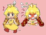  :d anger_vein angry bangs bare_arms bare_shoulders blonde_hair blush brooch chibi clenched_hands clenched_teeth crown dress earrings flat_chest flower grey_eyes highres jewelry long_hair mario_(series) motion_lines musical_note new_super_mario_bros._u_deluxe no_nose open_mouth outline pink_background red_footwear sanzui smile solo strapless strapless_dress super_crown super_mario_bros. teeth twintails walking white_flower white_outline wiggler yellow_dress 