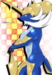 anthro big_breasts biped blue_belly blue_body breasts checkered_background claws eyelashes facial_hair female horn looking_at_viewer mammal melee_weapon mustelid navel nintendo nude pattern_background pok&eacute;mon pok&eacute;mon_(species) samurott scalchop simple_background solo standing sword video_games weapon ツナ缶 